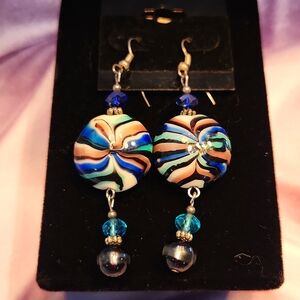 Handcrafted polymer clay pierced earrings Beach blue tan swirl crystals